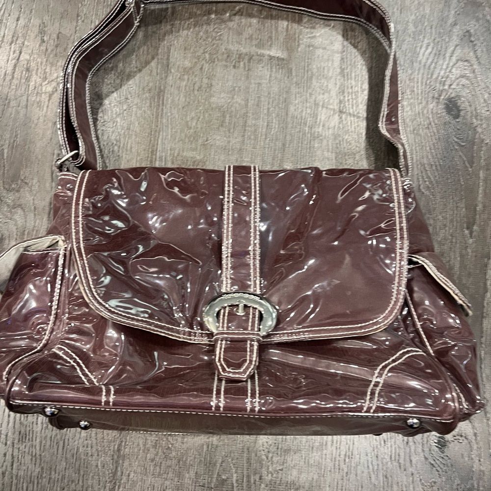 Chocolate Brown Leather Shoulder Bag with Glossy Finish and Silver Buckle